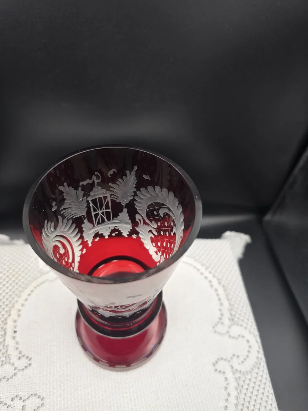 Ruby Red Etched Glass Covered Goblet - Decorative Home Art